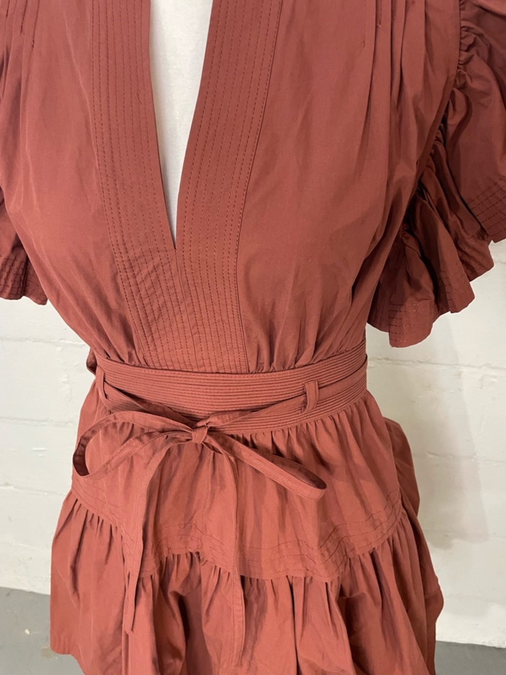Rust Tie-Waist Mini Dress with Flutter Sleeves - Picture 3 of 4